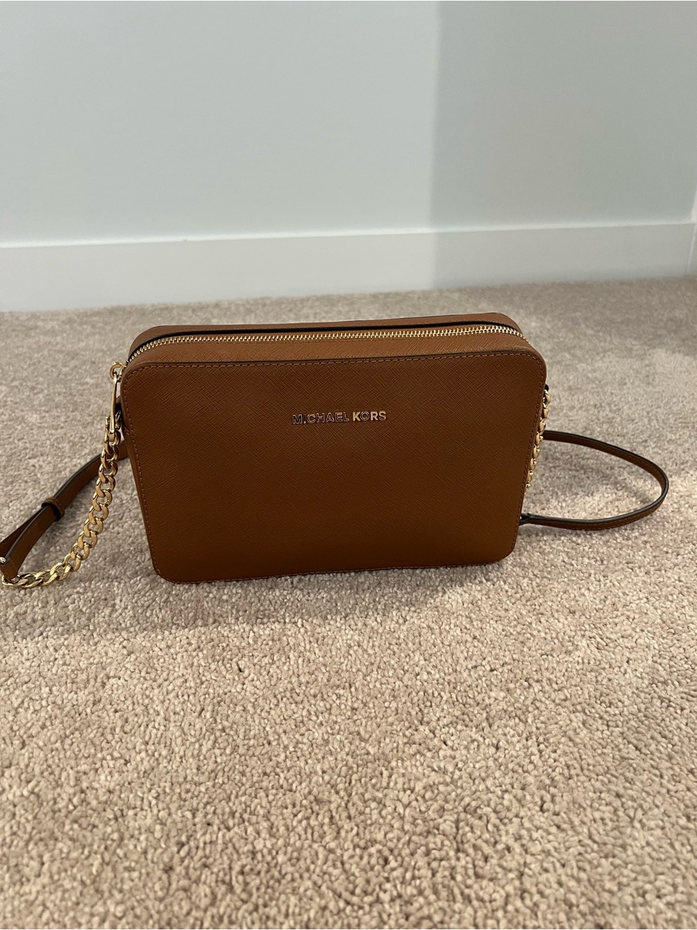 Michael Kors Brown Saffiano Leather Crossbody with Gold Chain